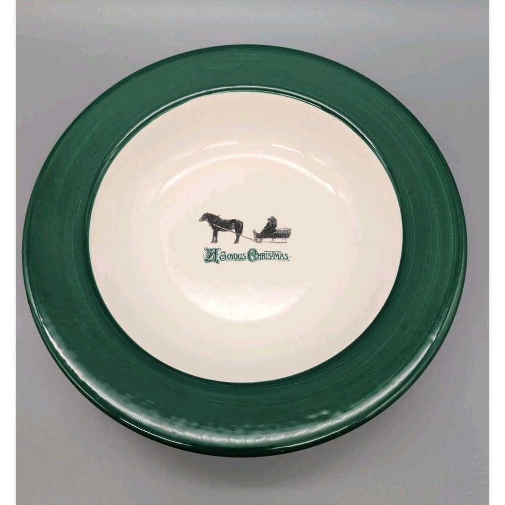 Vintage Joyous Christmas Soup Bowl 8.5" Green Rim Horse Sleigh Sled Italy Rimmed